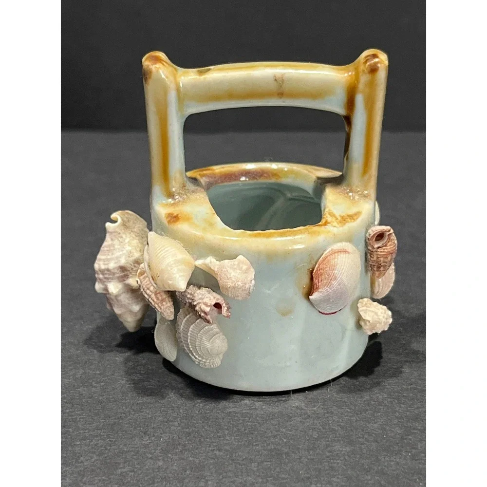 Vintage Miniature Shell Encrusted Ceramic Basket Coastal Beach Decor Trinket Cup